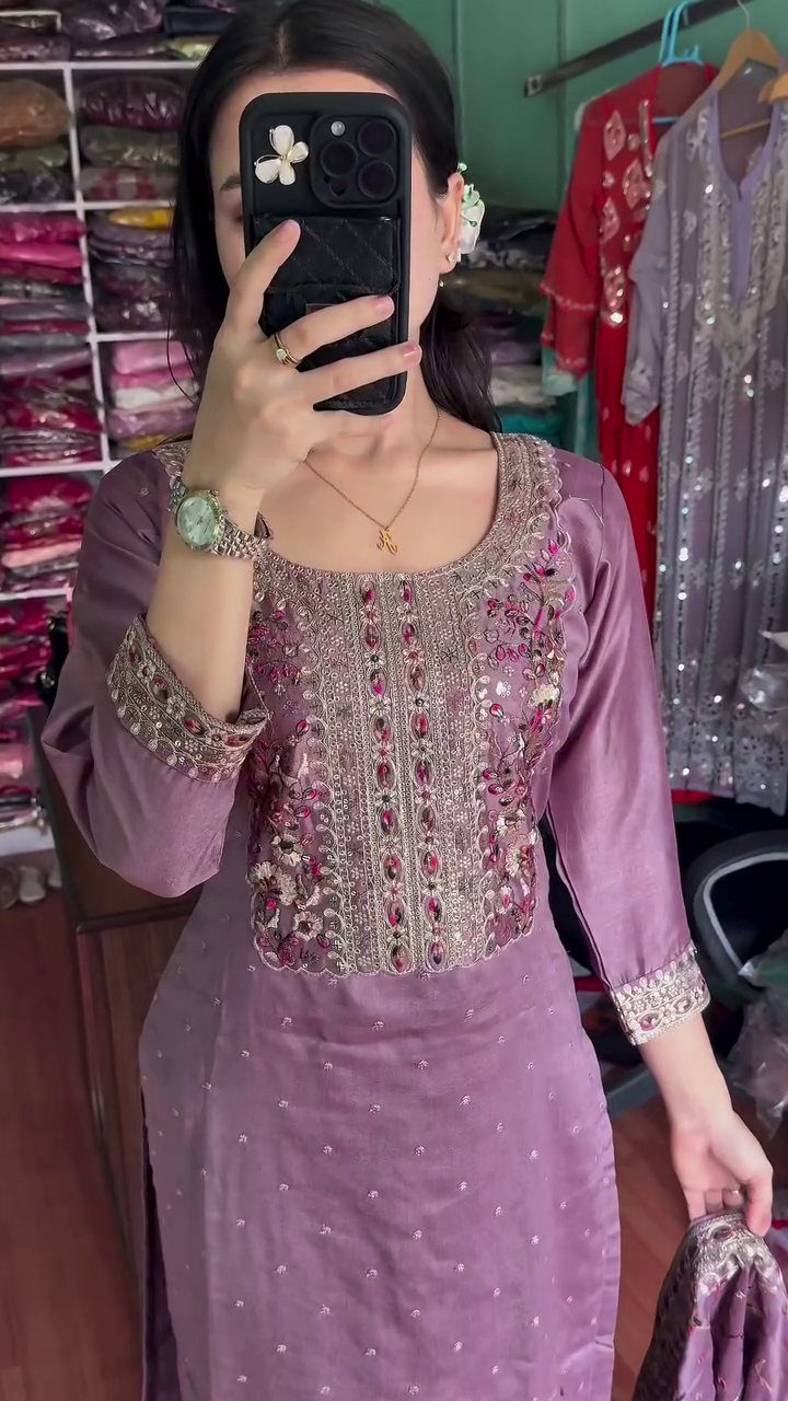 Multicolor silk heavy handwork kurta set with dupatta - Image 2