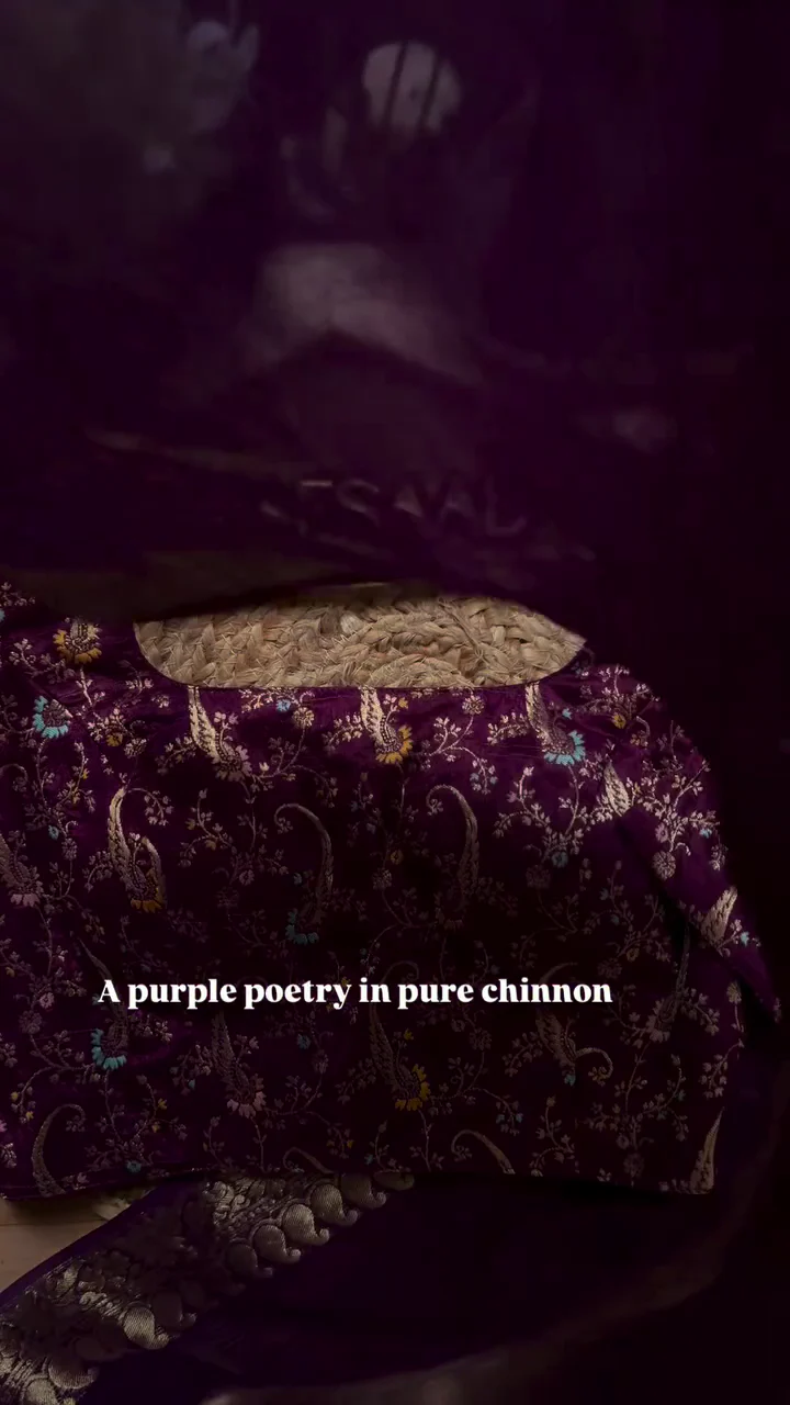 A pure chinnon purple jacquard and embroidery saree is a stunning choice for traditional and festive occasions - Image 4