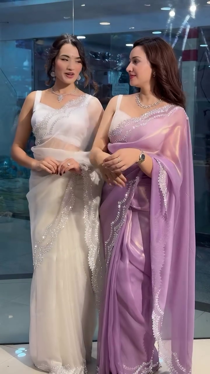 Pink AND WHITE Saree Organza Embellished Rhinestone V Neck With Blouse - Image 2