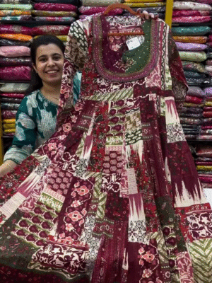 Women's Cotton Mixed Rayon Multicolour Floral Printed Embroidered Anarkali Kurti, Red
