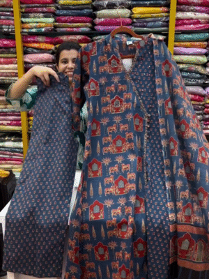 Printed Gotta Patti Pure Cotton Anarkali Kurta with Trousers & Dupatta