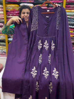 Violet Ethnic Motifs Embroidered Anarkali Kurta with Trousers & With Dupatta