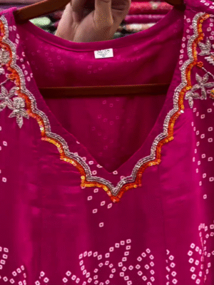 New Rani-Pink Silk Handwork Kurti-Pant With Dupatta
