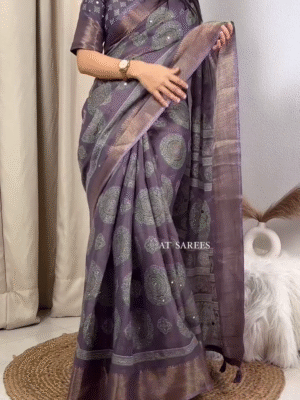 New Designer Gotta Patti Mirror Work Hand Ajrakh Style Printed Cotton Zari Jacquard Border Saree with Blouse