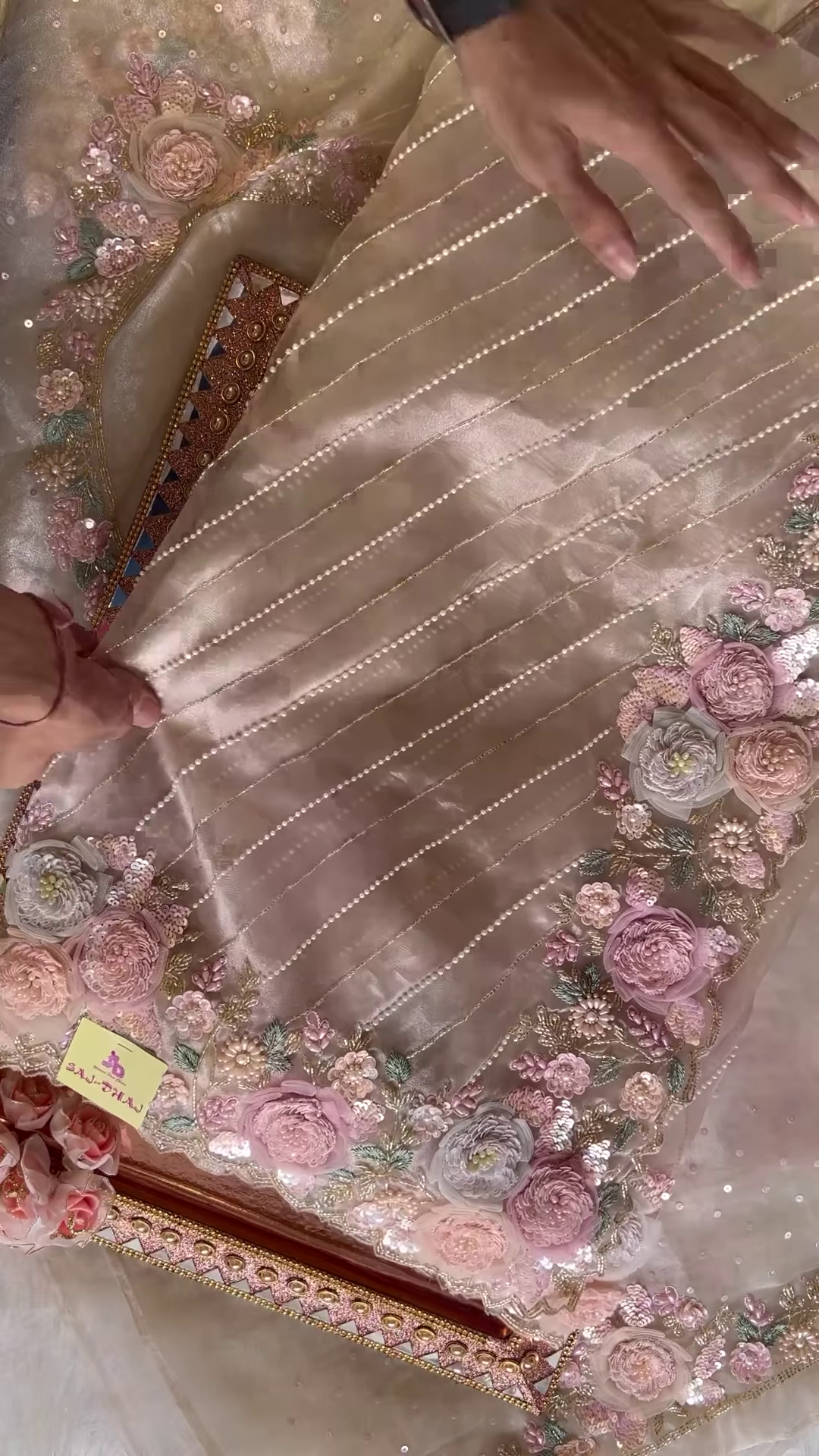 Elegant Embroidered Saree with Floral Motifs and Pearl Accents - Image 3