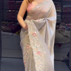 Pearlescent Grace: Contemporary Floral Embellished Silk Saree