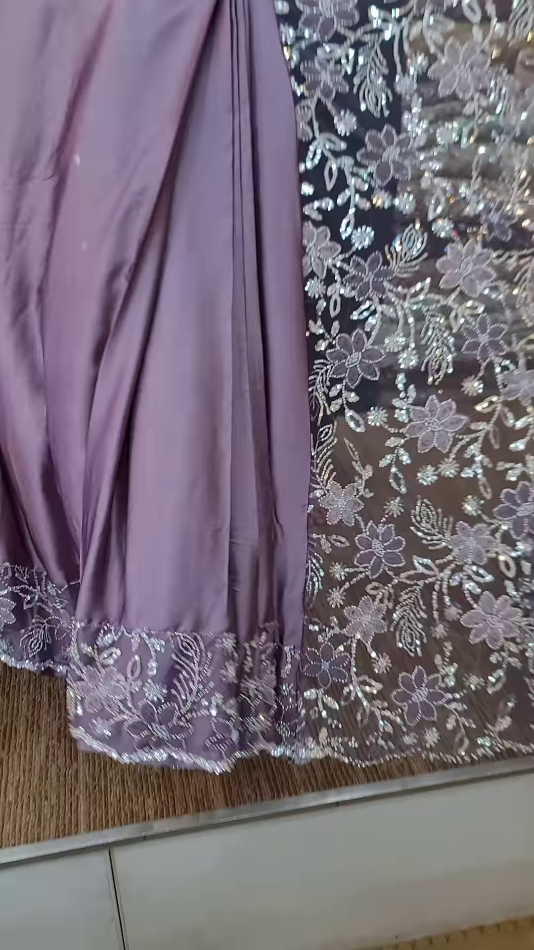 Ethereal Elegance: Lavender Embroidered Satin Saree