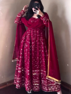Women’s Embroidered Pure Silk Gown Kurta (Red) – A Statement of Royal Elegance
