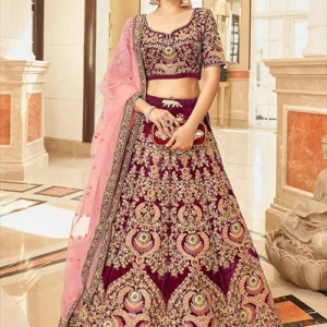 Designer Maroon Velvet Lehenga with Net Dupatta
