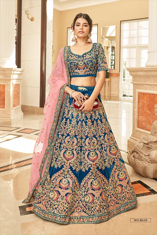 Traditional Velvet Bridal Lehenga Choli with Zari Embroidery