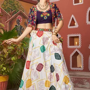 Beautiful White Color Jacket Style Navratri Lehenga Choli Online