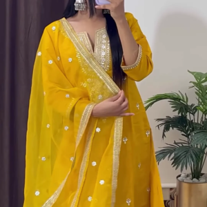 yellow coloured Handwork Kurti With Pant & Fancy Organza Dupatta