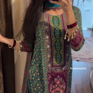 heavy chinon printed with mirror and kodi work 3 pcs suit set