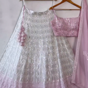 💫 White-Pink Shading Sequin & Thread Work Designer Wedding Lehenga Choli – A Fairytale in Every Thread 💫