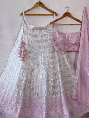 💫 White-Pink Shading Sequin & Thread Work Designer Wedding Lehenga Choli – A Fairytale in Every Thread 💫