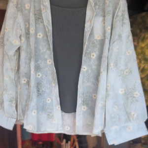 Sheer Floral Embroidered Button-Down Shirt with Lace Collar – Elegant Layering Piece for Everyday Grace