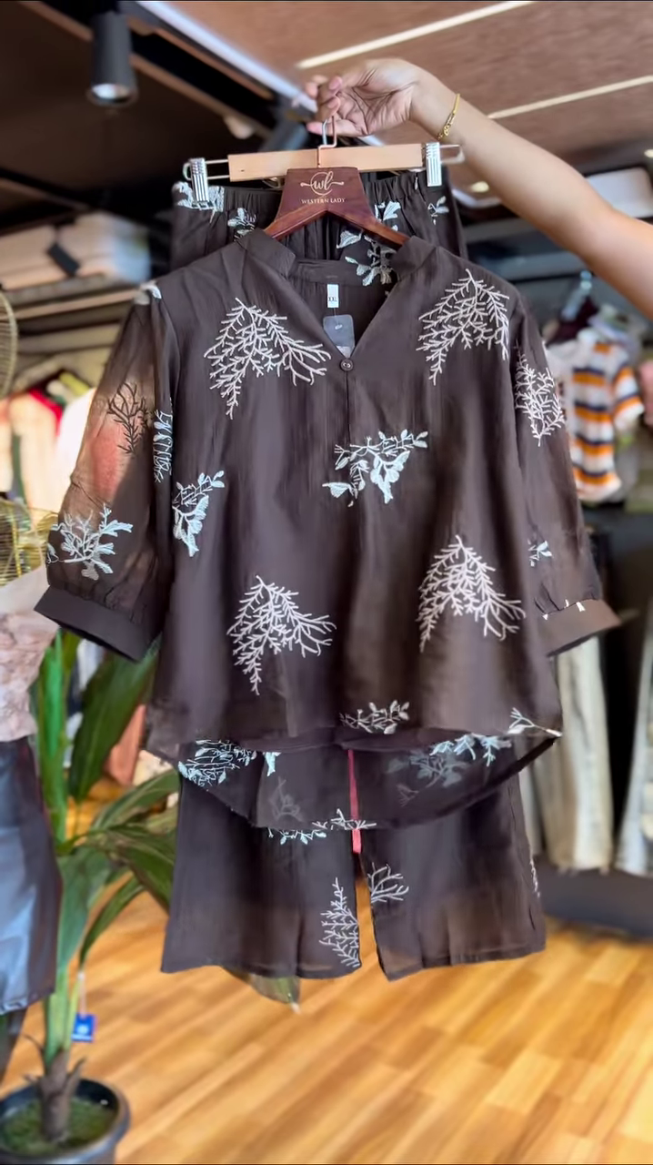 Embroidered Sheer Co-Ord Set – Chic & Breezy Elegance ☕✨