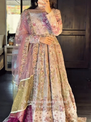 ⭐ Luxury Pastel Floral Embroidered Anarkali with Contrasting Dupatta