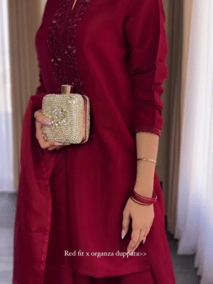 🔴Classic Maroon Silk Suit with Embroidered Kurta & Organza Dupatta