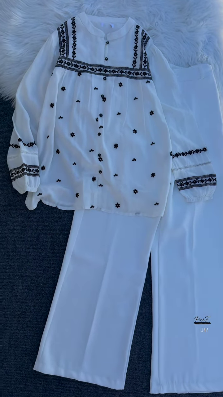 White Floral Embroidered Kurta Set with Wide-Leg Trousers – Elegant Indo-Western Fusion for Everyday Grace