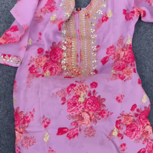 Lavender Floral Printed Kurti with Golden Embroidery – Festive & Ethnic Wear for Women