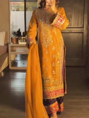 💫Mustard & Magenta Heavily Embroidered Straight Suit with Potli Bag
