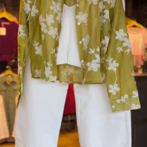 Elegant Olive Green Floral Embroidered Shirt & White Trousers Co-ord Set - Chic Women's Resort Wear
