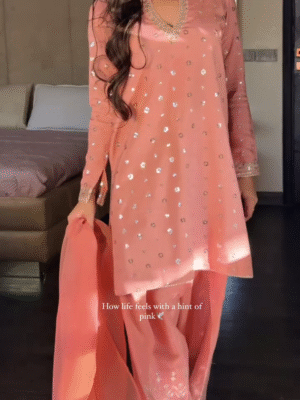 ⭐Blush Pink Mirror-Work Suit with Chiffon Dupatta