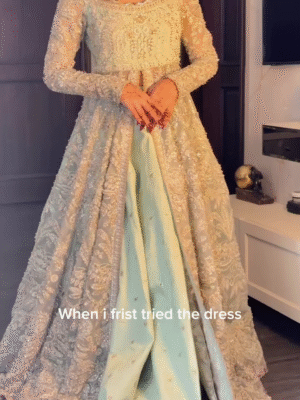 💞Mint Green Heavily Embellished Long Gown with Net Overlay