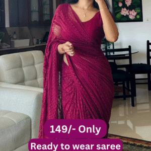 Women’s Maroon Lace Saree with Intricate Floral Border – Ready-to-Wear Ethnic Ensemble with Homestyle Presentation