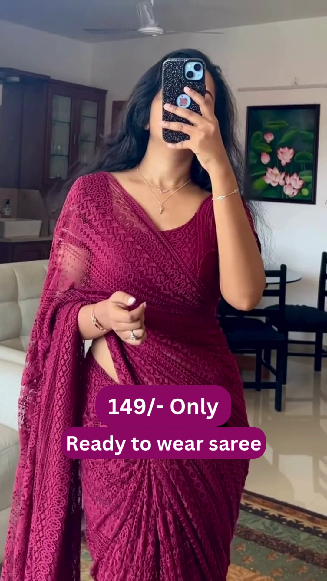 Women’s Maroon Lace Saree with Intricate Floral Border – Ready-to-Wear Ethnic Ensemble with Homestyle Presentation - Image 2
