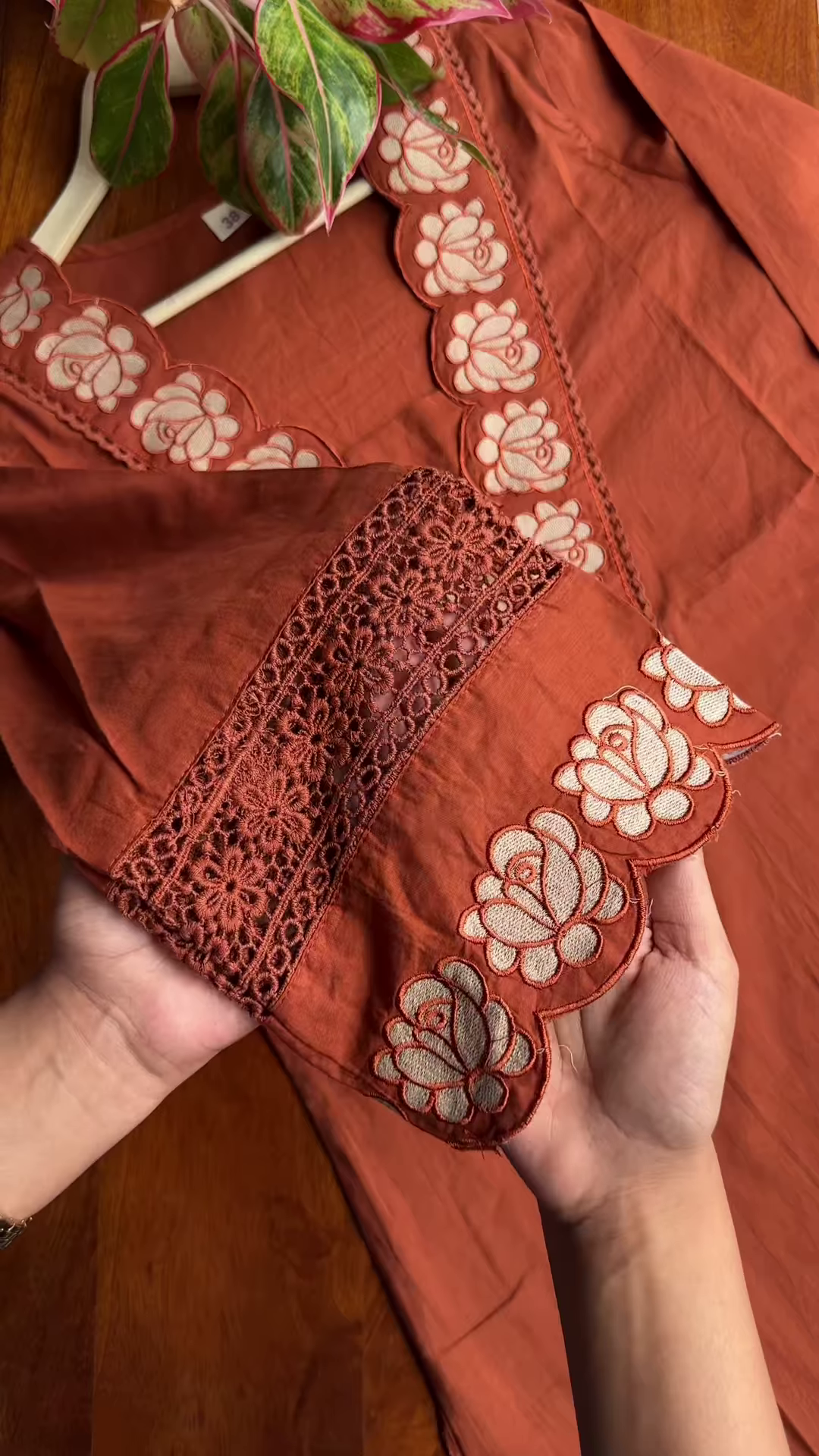 Women’s Reddish-Brown Ethnic Kurti with Floral Embroidery, Tassels & Shell Accents – Handcrafted Neckline Detailing for Festive Styling - Image 2