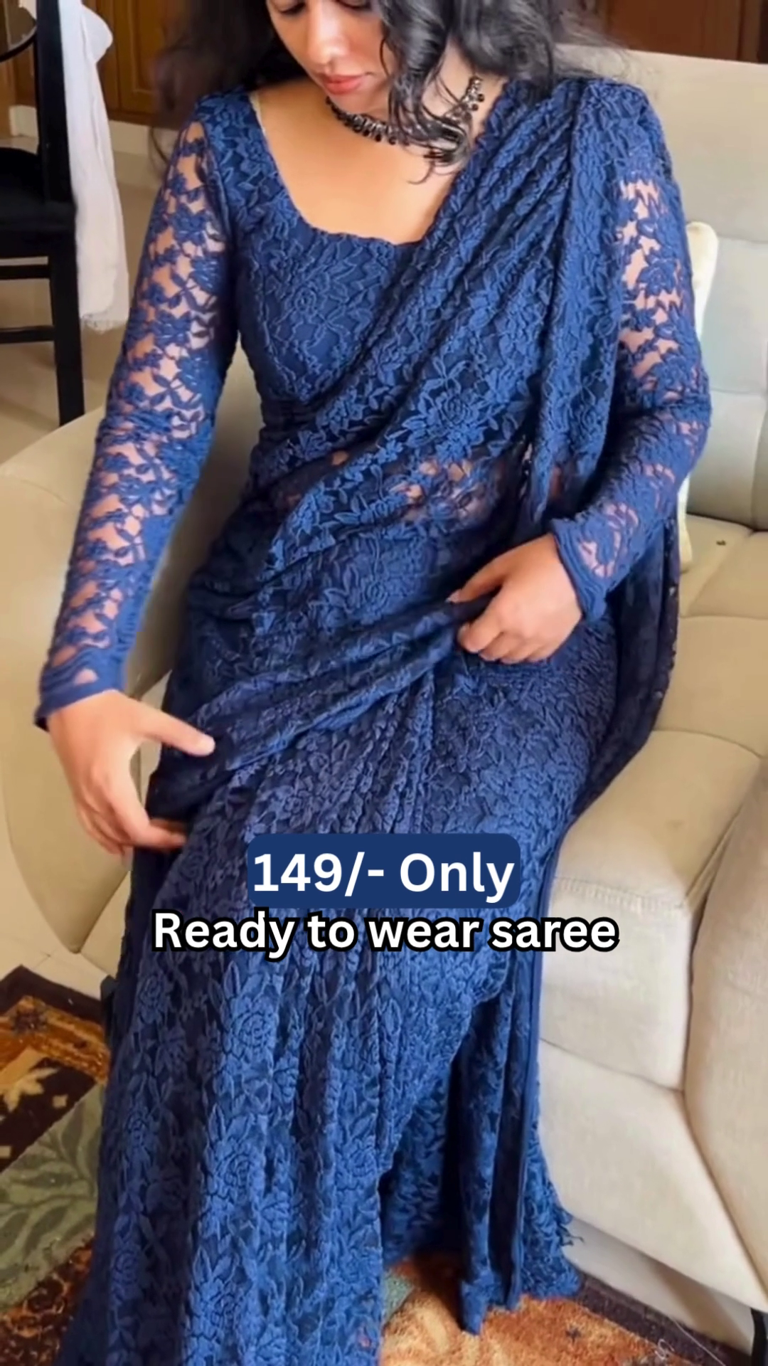 Women’s Dark Blue Lace Saree with Floral Patterns & Matching Blouse – Ready-to-Wear Ethnic Ensemble Styled with Beaded Necklace - Image 3