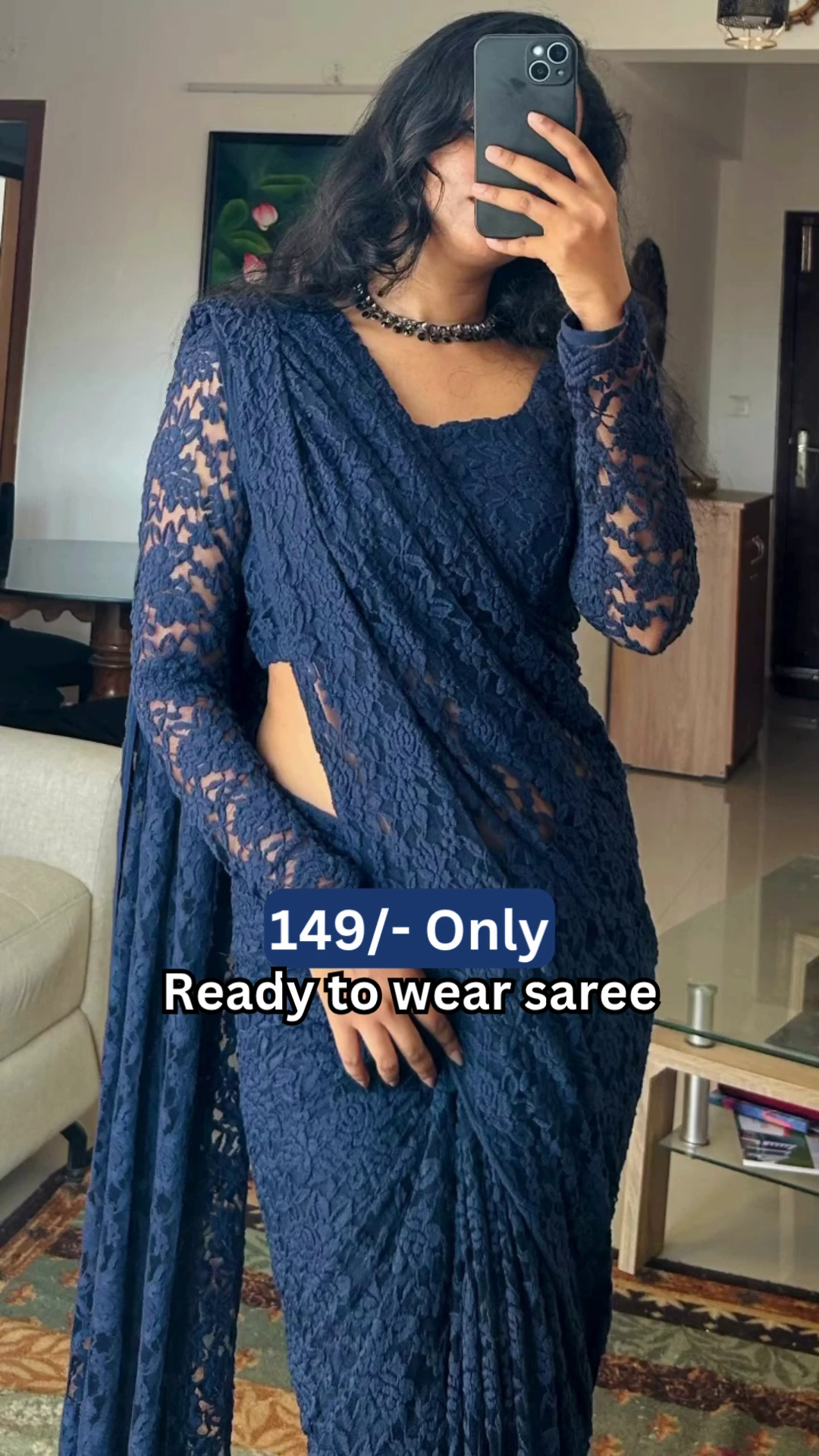 Women’s Dark Blue Lace Saree with Floral Patterns & Matching Blouse – Ready-to-Wear Ethnic Ensemble Styled with Beaded Necklace - Image 2