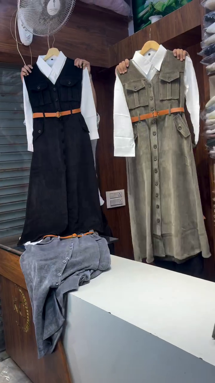 π€ Stylish Grey Corduroy Button-Down Midi Dress with White Shirt and Belt β Elegant Winter Fusion Wear for Women π€ - Image 2