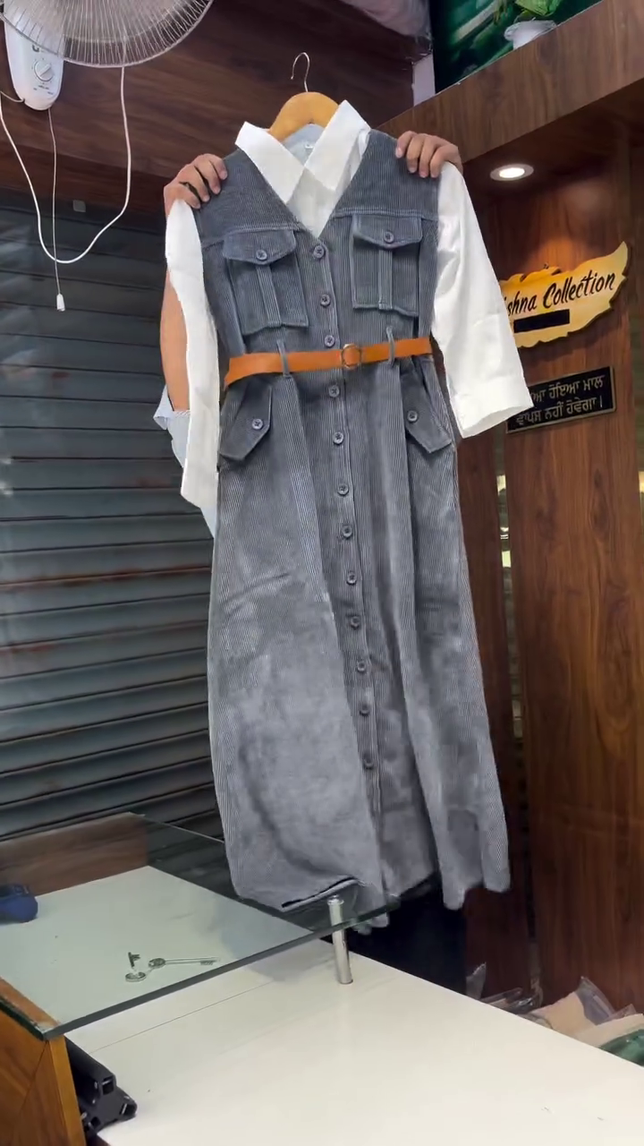π€ Stylish Grey Corduroy Button-Down Midi Dress with White Shirt and Belt β Elegant Winter Fusion Wear for Women π€
