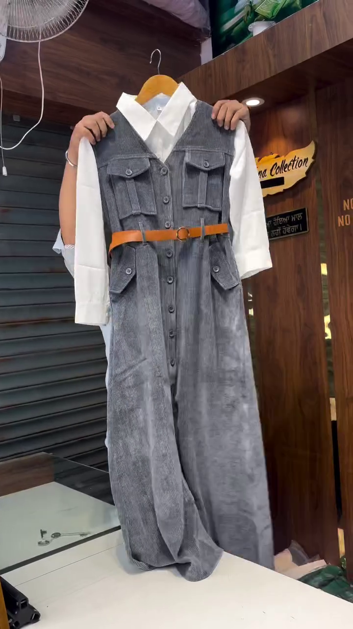 π€ Stylish Grey Corduroy Button-Down Midi Dress with White Shirt and Belt β Elegant Winter Fusion Wear for Women π€ - Image 4