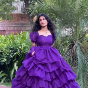 Royal Plum Multi-Layered Ruffle Gown for Women | Premium Flowing Ball Gown with Voluminous Tiers & Puff Sleeves | Elegant Evening & Photoshoot Dress