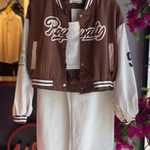 Brown Varsity Jacket With Cream Straight Denim Set
