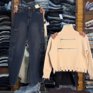 ✨ Urban Utility Duo: Blue Cargo Denim Pants & Brown Zip-Detail Knit Top ✨