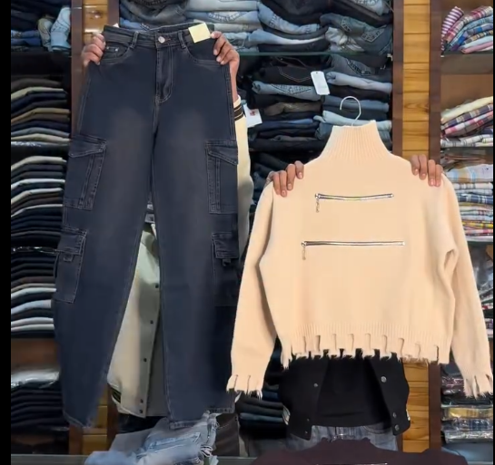 ✨ Urban Utility Duo: Blue Cargo Denim Pants & Brown Zip-Detail Knit Top ✨