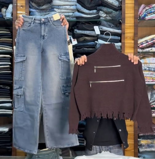 ✨ Urban Utility Duo: Blue Cargo Denim Pants & Brown Zip-Detail Knit Top ✨ - Image 3