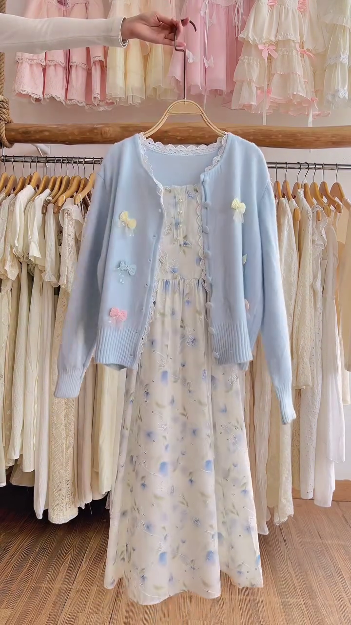 🎀✨ “Sweet Blossom Pastel Dress & Cardigan Set – Soft Girl Aesthetic Dream Outfit” ✨🎀