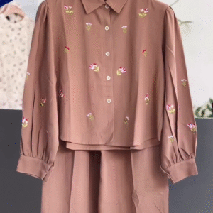 🤎 Elegant Brown Embroidered Shirt & Skirt Co-Ord Set 🤎