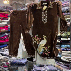 🤎 Velvet Grace Embroidered Night Suit Set – Peacock Elegance (Restock Edition) 🤎