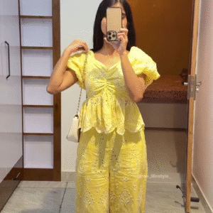 💛✨ Yellow Schiffli Embroidered Co-Ord Set – Fresh, Feminine & Effortlessly Chic