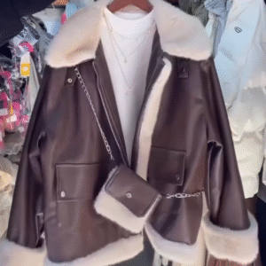 🤎 Winter Luxe Faux Leather Jacket with Plush Fur Trim & Mini Sling Bag ❄️✨