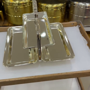 ✨ Luxury 3-Section Golden Serving Tray with Crystal Handle – Elegant Tableware for Every Occasion ✨