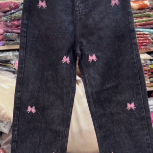 🖤🎀 Butterfly Blossom Denim – Premium Black Jeans with Pink Bow Embroidery ✨👖