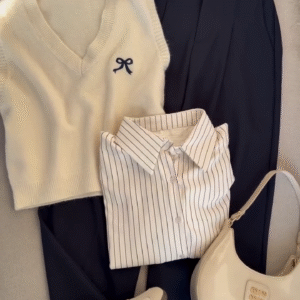 🤍✨ Elegant Preppy Co-Ord Outfit Set – Knit Vest + Striped Shirt + Wide-Leg Trousers 💼🎀
